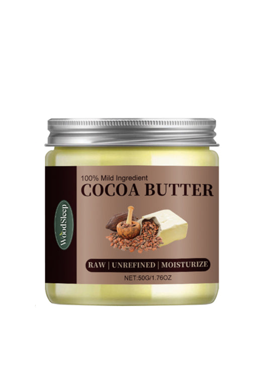 Jar of cocoa butter with a brown label on a white background