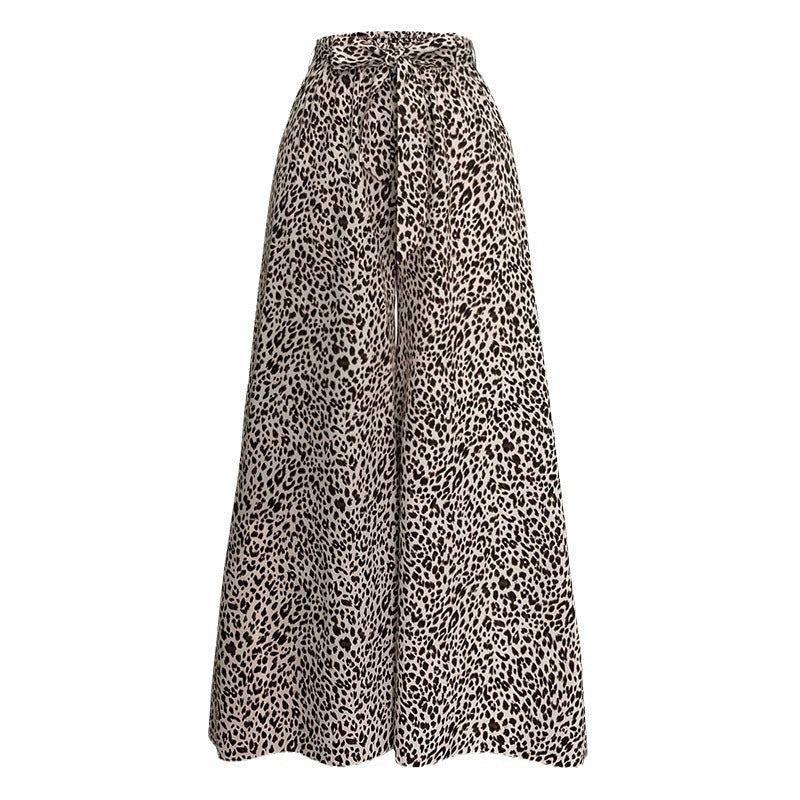 Leopard print wide-leg pants on a white background