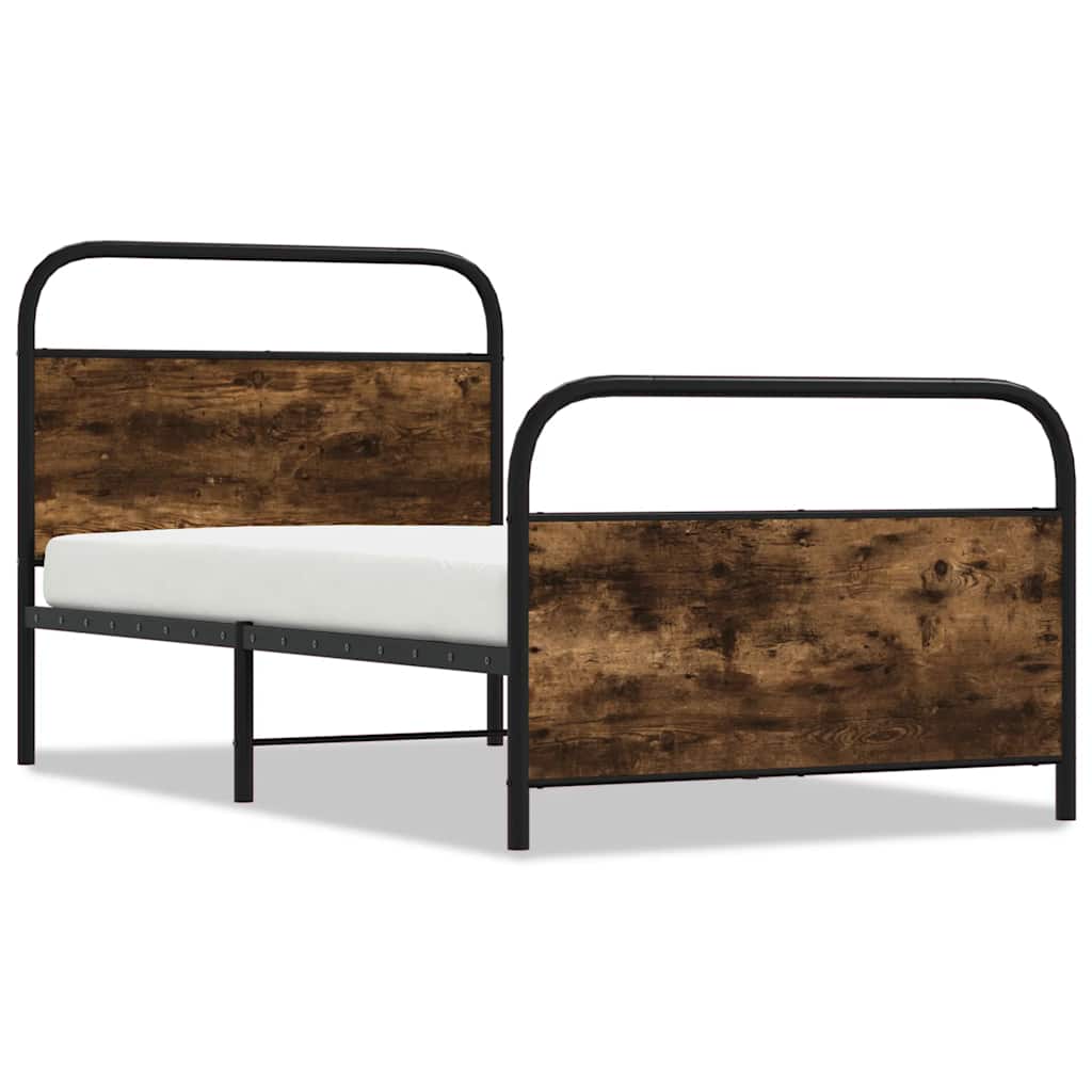 Bed with wooden headboard and black metal frame on a white background