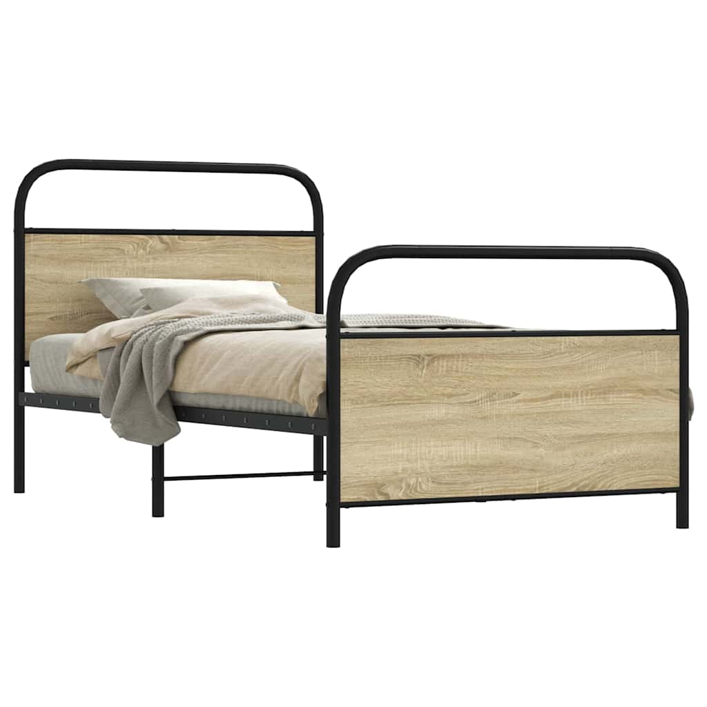 Bed with wooden slats and black metal frame on a white background