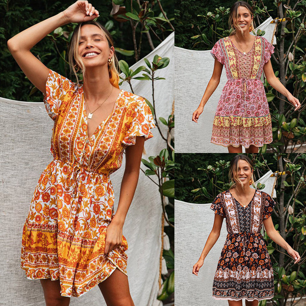 Bohemian Black Multicolor Patterned Mini Dress
