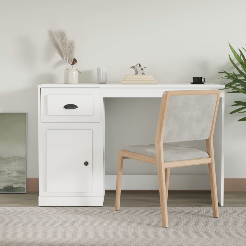 White desk with a chair in a minimalistic room
