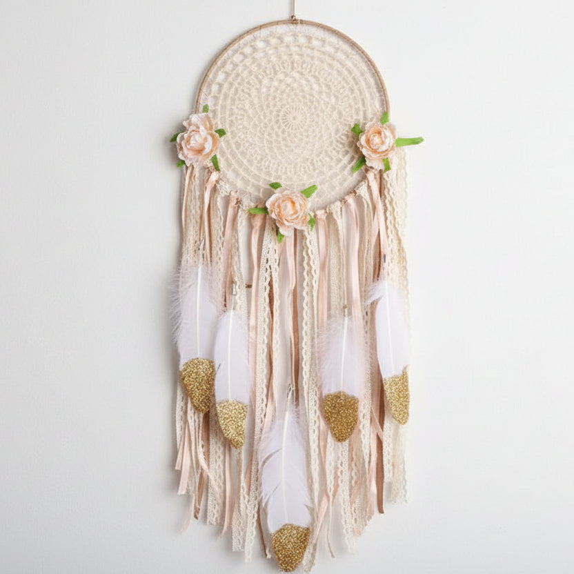 Bohemian Dreamcatcher with Flowers and Feathers