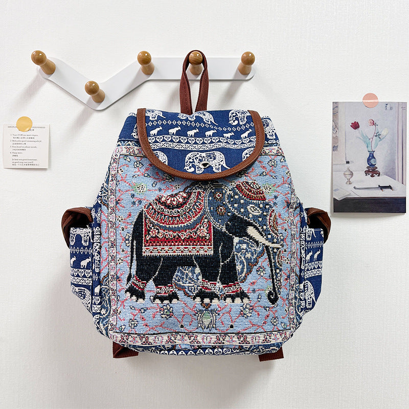 Bohemian Embroidered Backpack with Elephant Design