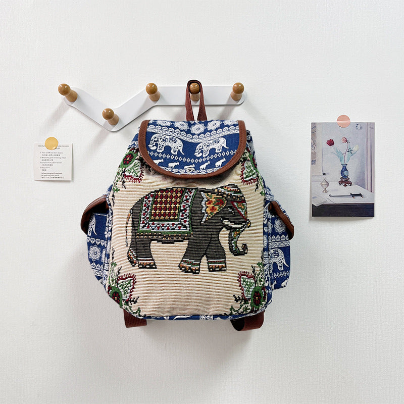 colorful Bohemian Embroidered Backpack with Elephant Design