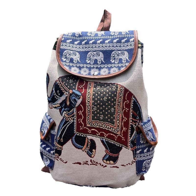 Bohemian Embroidered Backpack with Elephant Designs