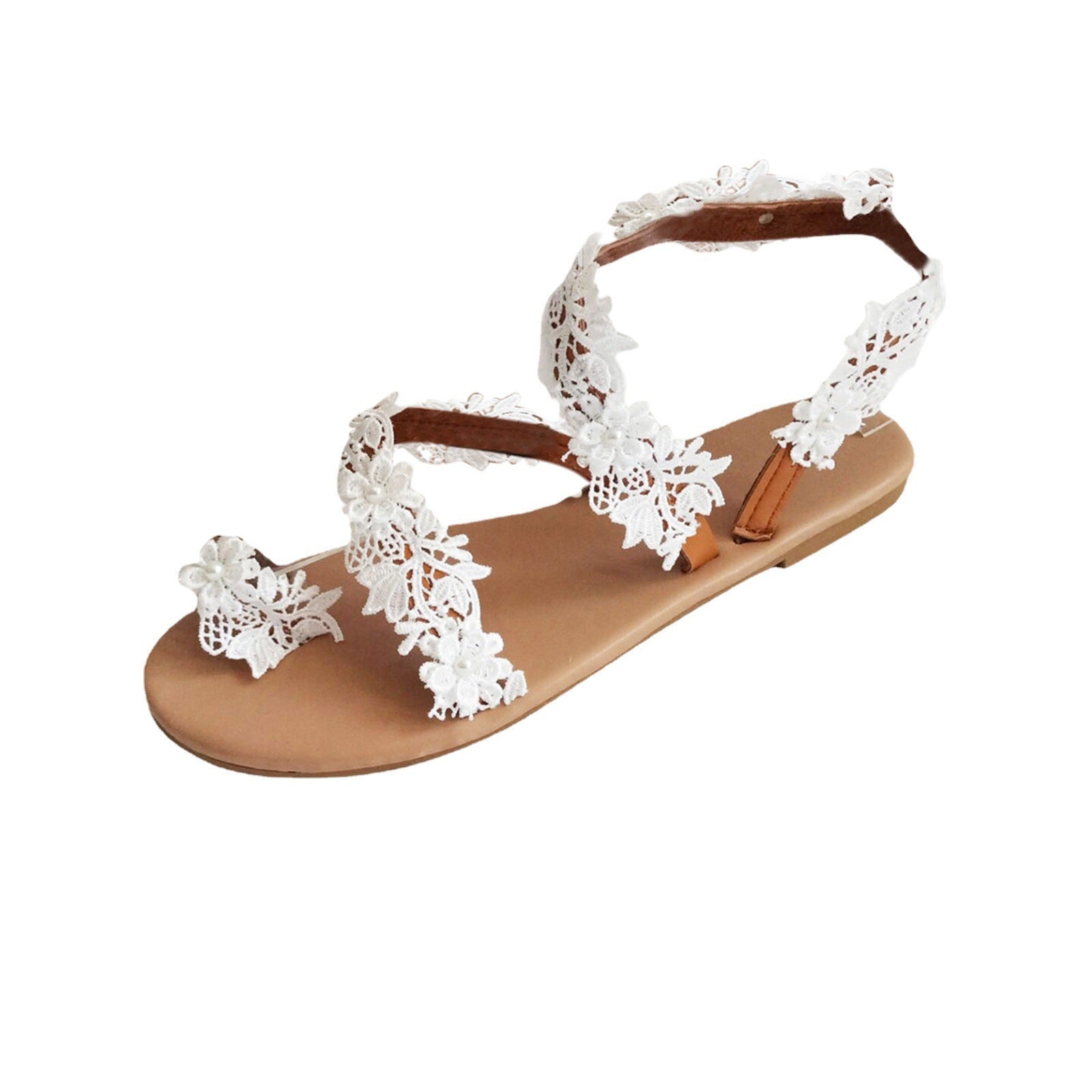 Brown sandal with white lace straps on a white background
