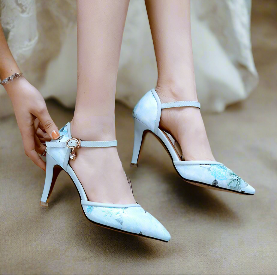blue Bohemian Floral Pattern Pointed Wedding Heels