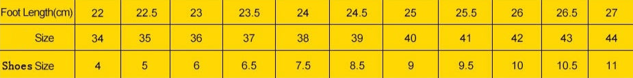 Size chart for women's shoes with measurements and shoe size conversion guide.