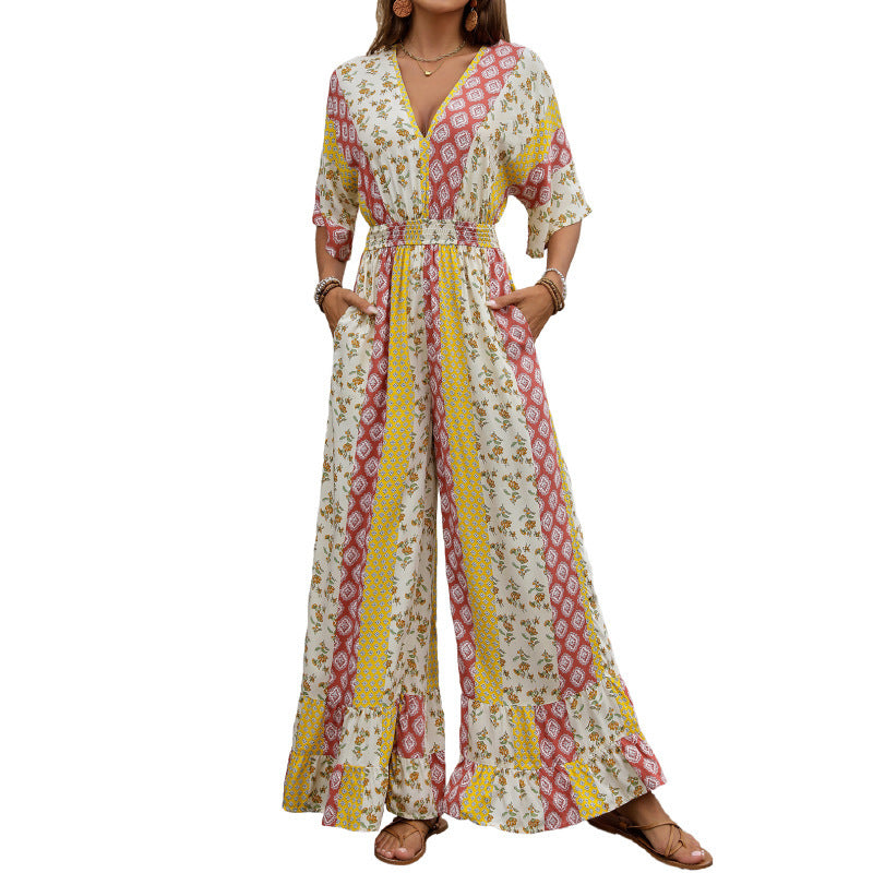 Retro Bohemian Jumpsuit with Pink and Yellow Pattern