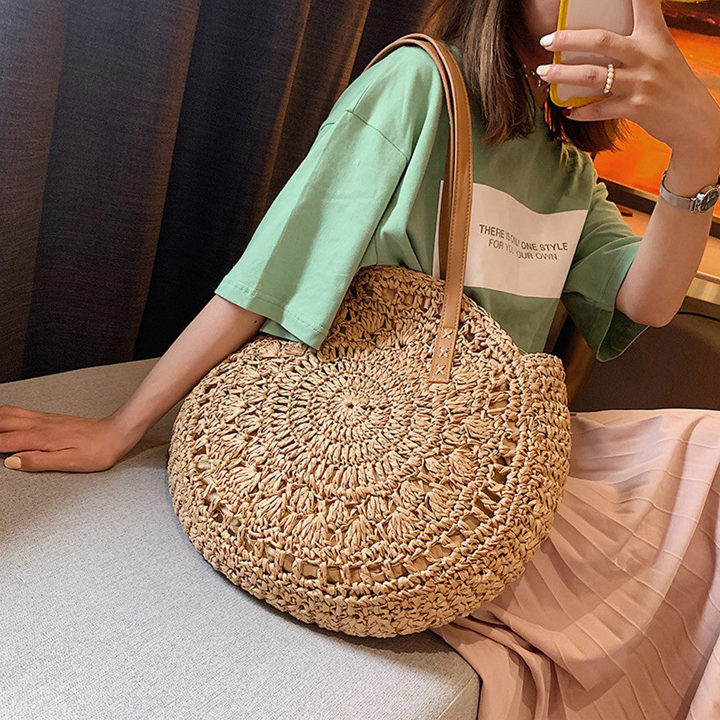 Bohemian Large Round Straw Bag for Women brown