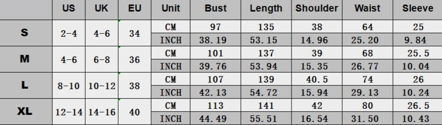 Size chart for a garment with measurements in centimeters and inches.