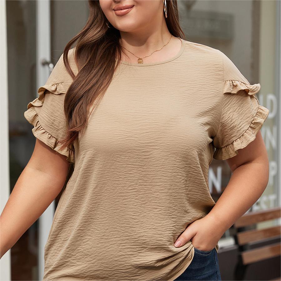 Bohemian Plus Size Top with Ruffled Short Sleeves