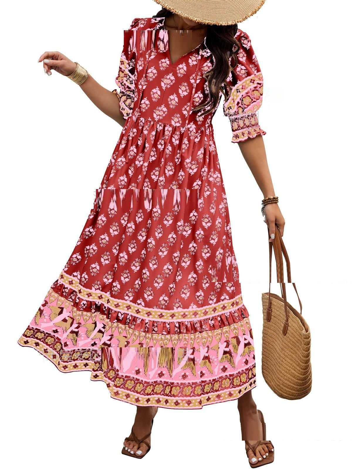 red Bohemian Print Maxi Dress