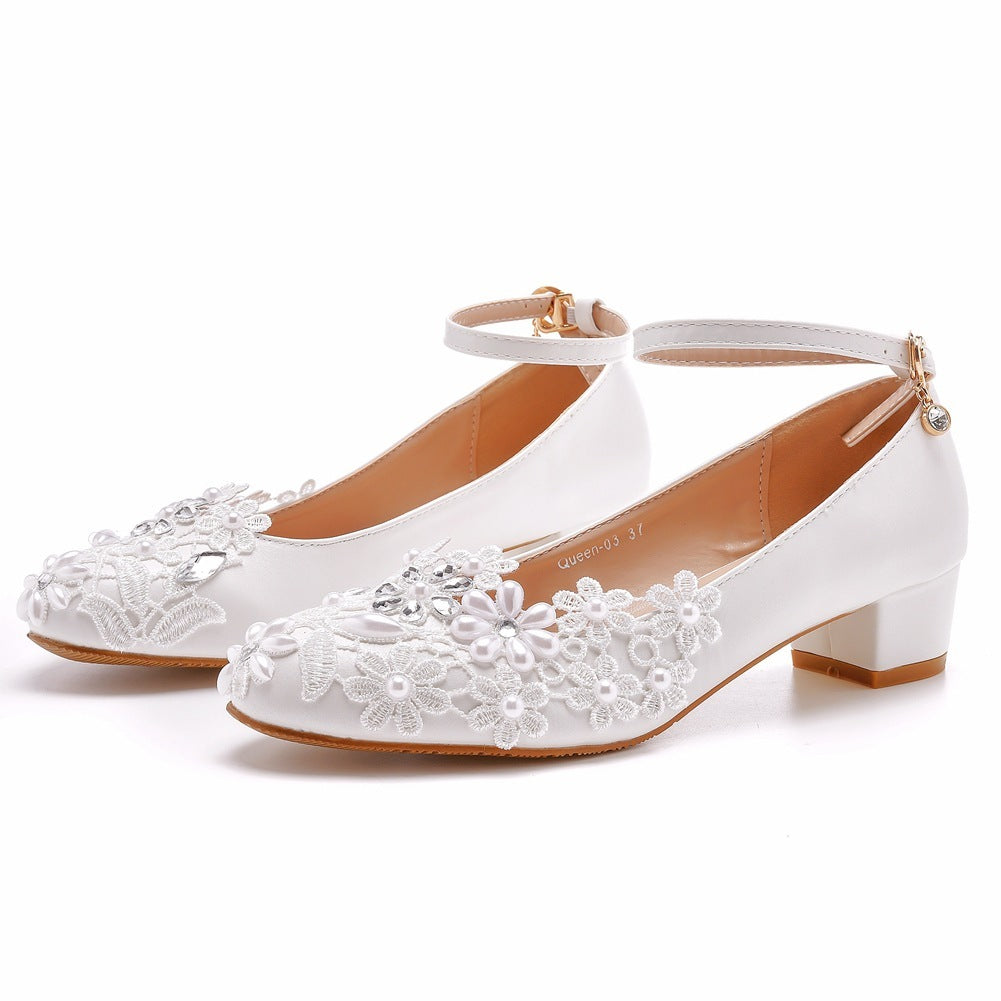 Bohemian Short-Height Bridal Heels with White Flowers