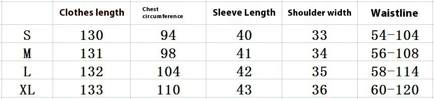 Table showing clothing measurements with columns for clothes length, chest circumference, sleeve length, shoulder width, and waistline.