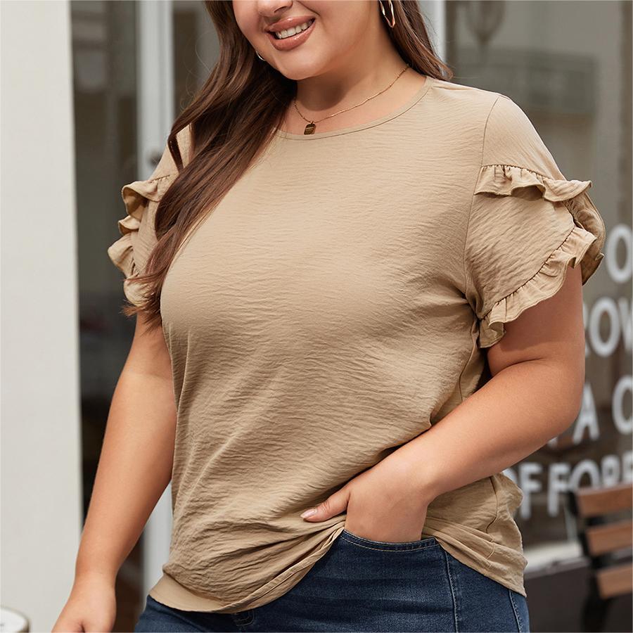 Bohemian Plus Size Top with Ruffled Short Sleeves