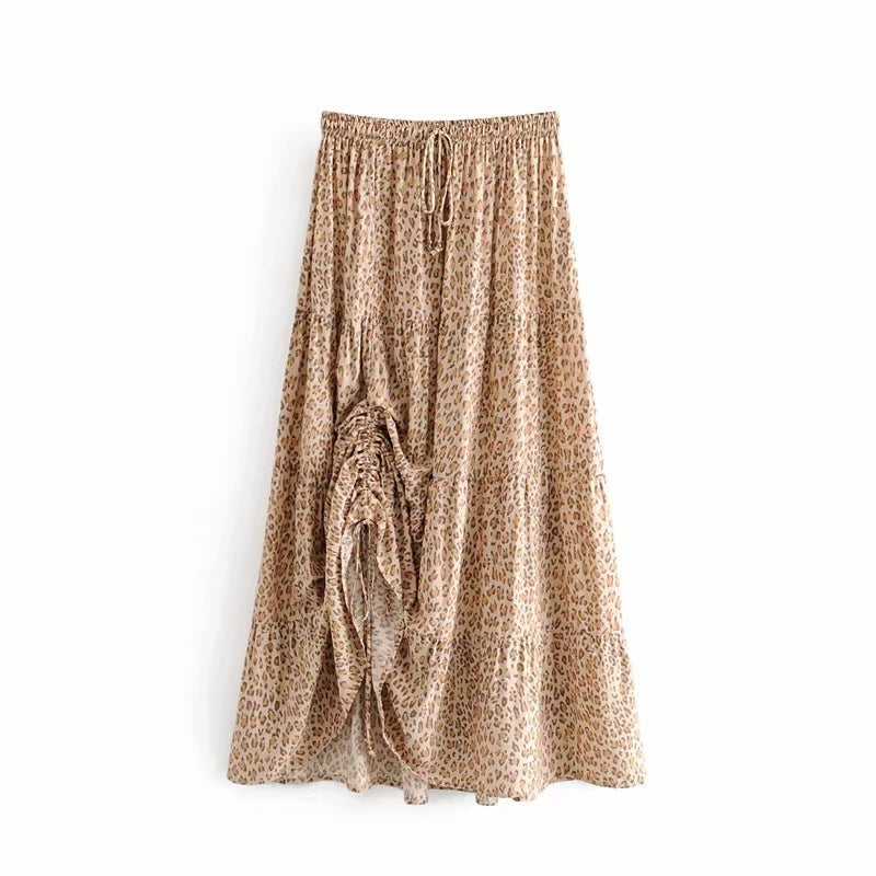 Leopard print skirt with drawstring waist on a white background