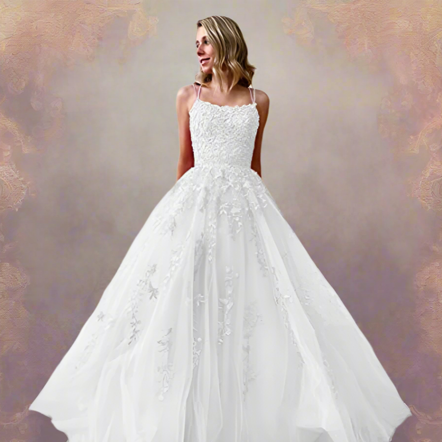 white Boho Ball Gown with Embroidered Flowers