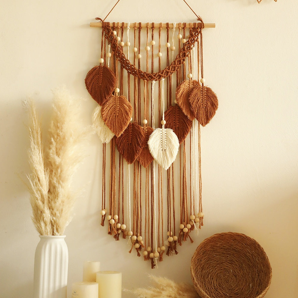 orange Boho Beaded Fringe Macrame Hanging