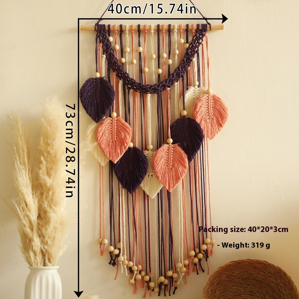 Decorative wall hanging with measurements and details on a beige background