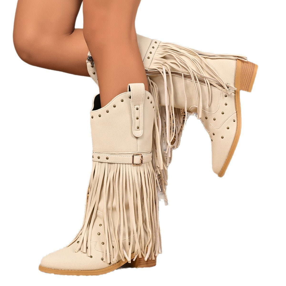 Boho Beige Fringe Cowboy Boots white
