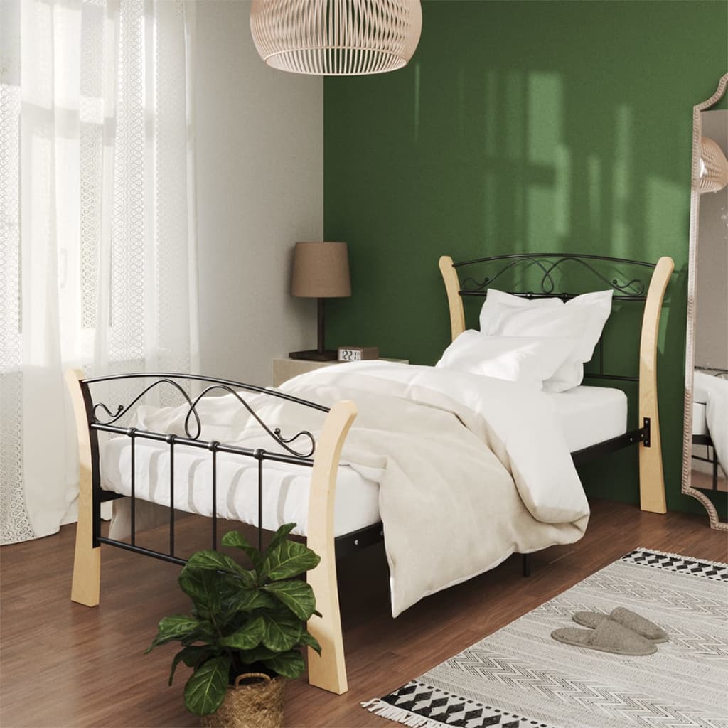 Boho Black Metal Bed Frame with Wood