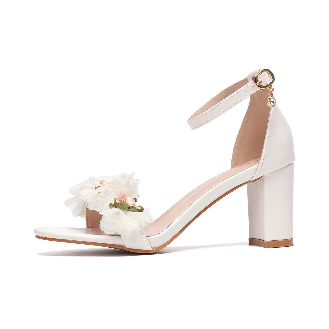 Boho Block Wedding Heels with 3D Flowers