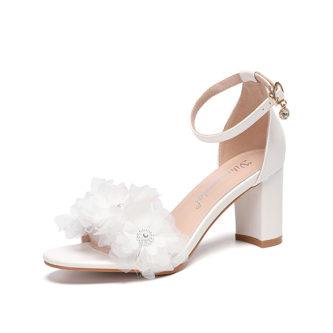 Boho Block Wedding Heels with 3D Flowers