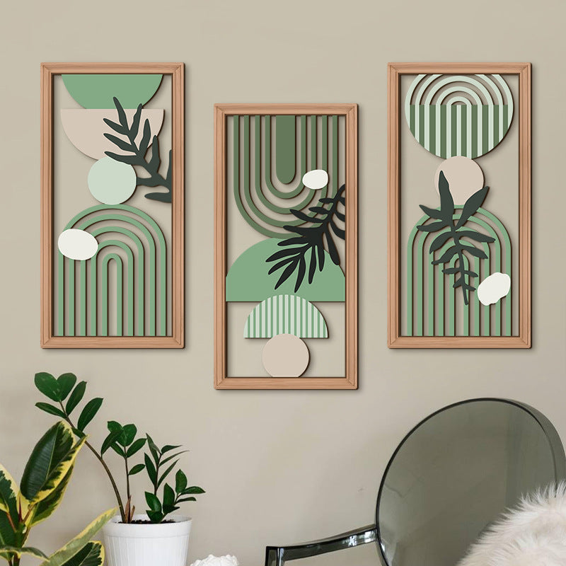 green Boho Carved Wooden Hollow Wall Plant Art 3 Piece Set