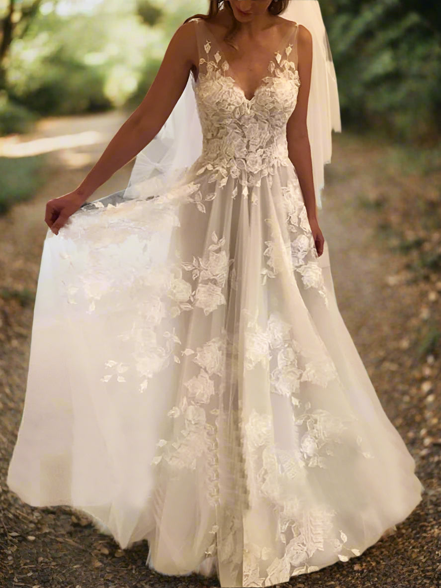 Boho Chic A-Line Wedding Dress with Floral Embroidery