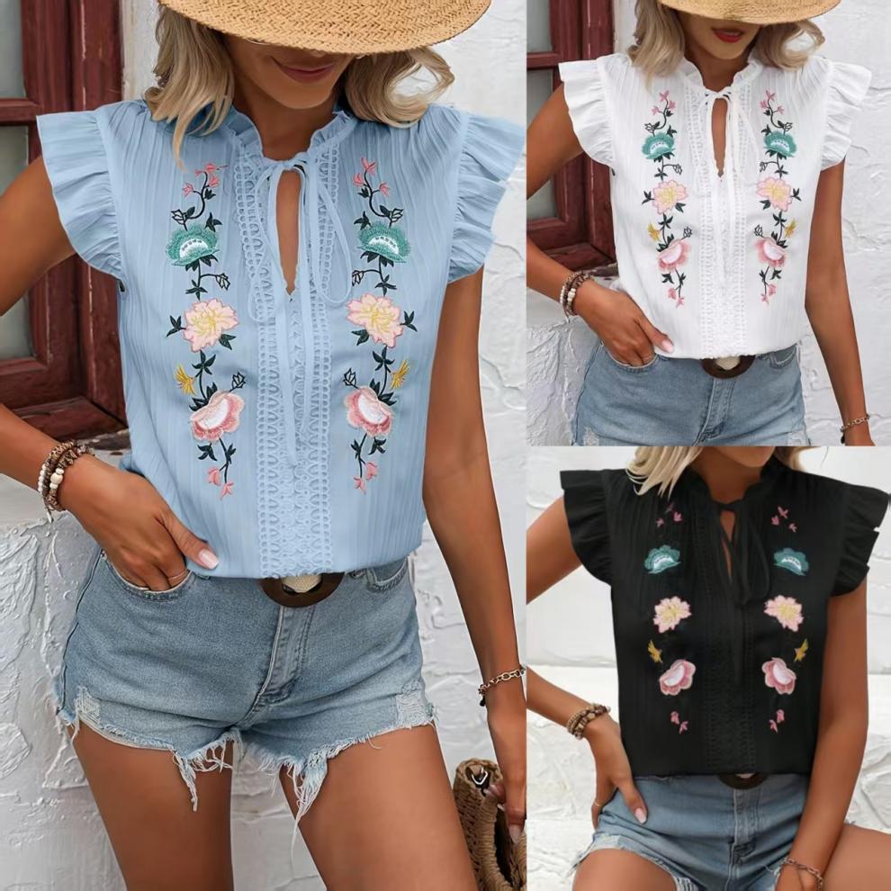 Boho Chic Embroidered Floral Top with Short Sleeve