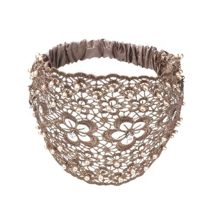 beige Boho Chic Lace Bandana Headband with Rhinestones