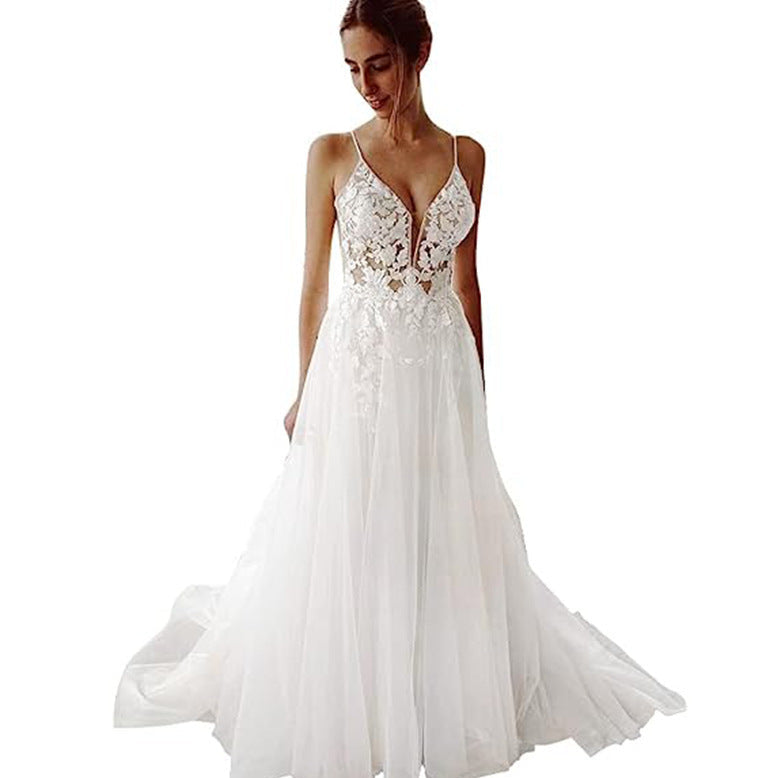 Deep V-Neck Boho Chic Lace Wedding Dress