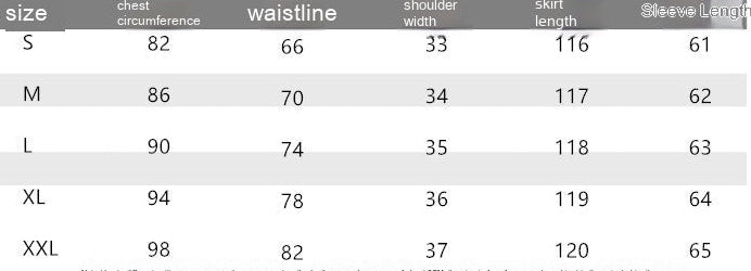 Size chart for clothing with measurements in chest circumference, waistline, shoulder width, and skirt length.