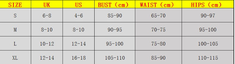Size chart for clothing with measurements in UK, US, Bust, Waist, and Hips.