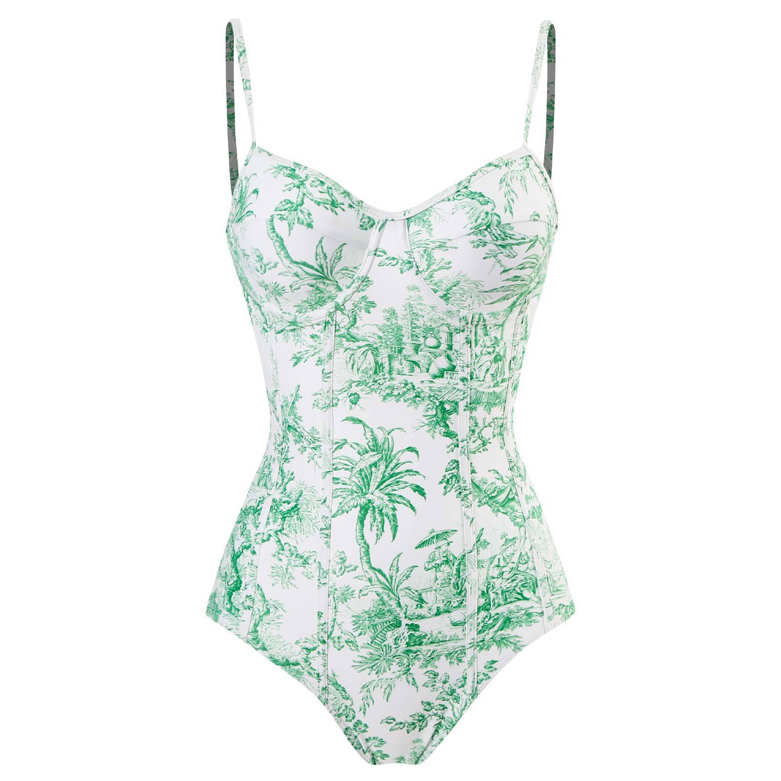 Green and white floral patterned swimsuit on a white background