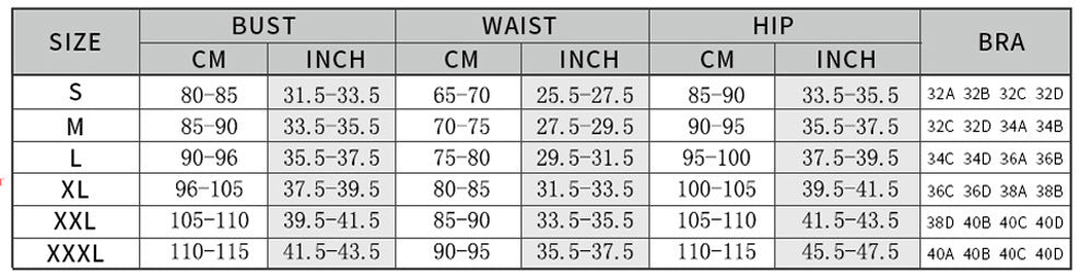 Size chart for clothing with measurements in centimeters and inches.