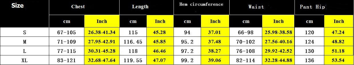 Size chart for clothing with measurements in centimeters and inches.
