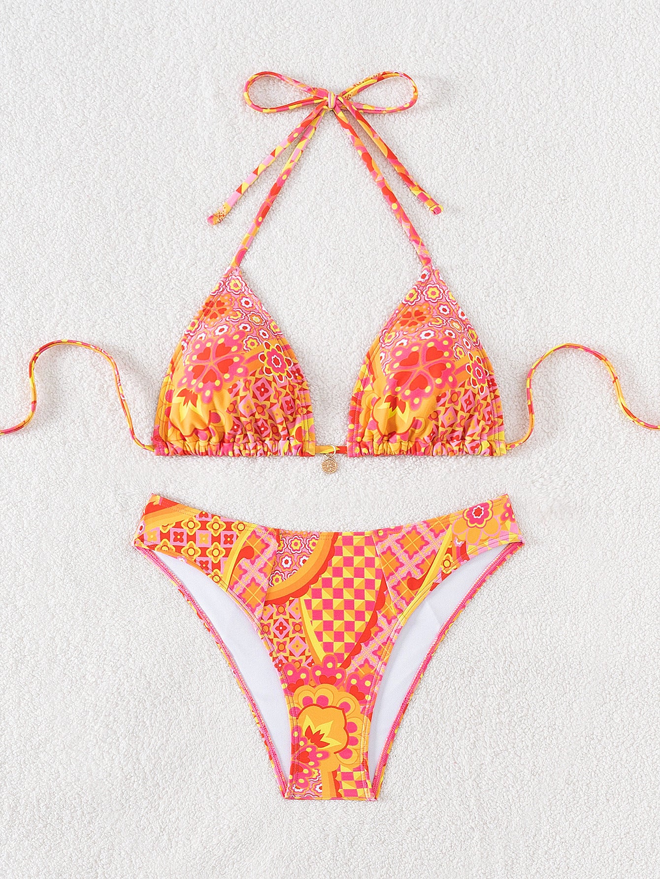orange Boho Chic Printed Triangle Bikini Set