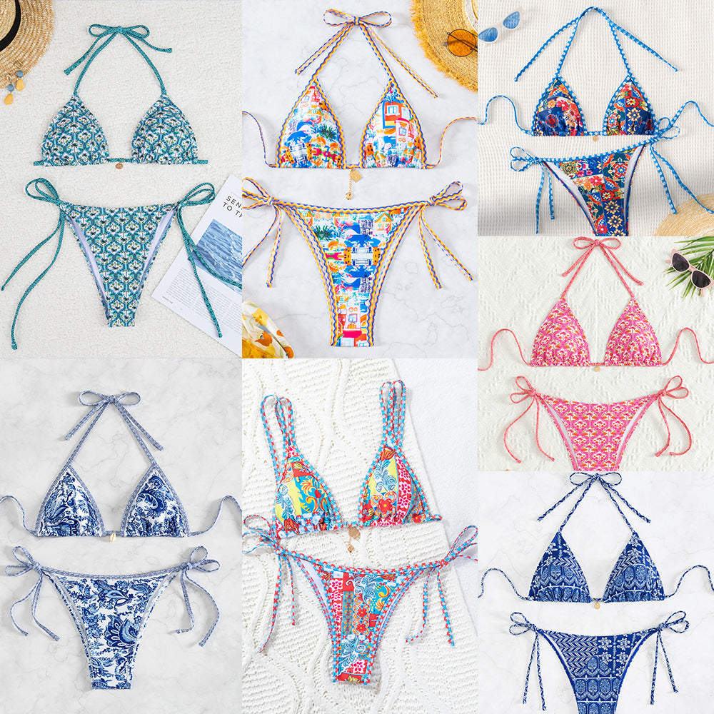 Collage of various bikini sets with different patterns and colors on a white background.