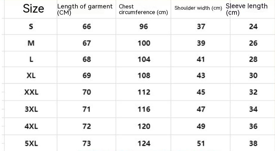 Size chart for clothing with measurements in centimeters