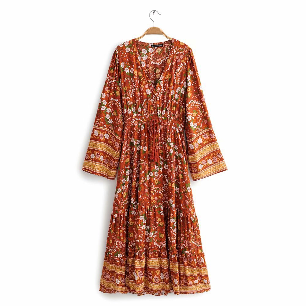 Boho Dress Orange Floral Print