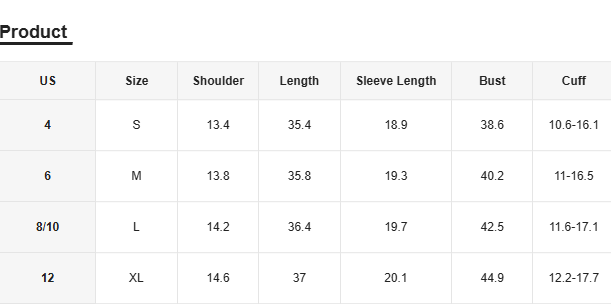 Measurement chart for product sizes with body measurements