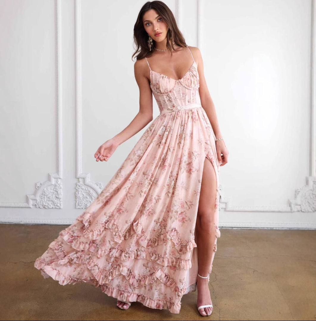 Boho Floral Corset Tulle Prom Dress