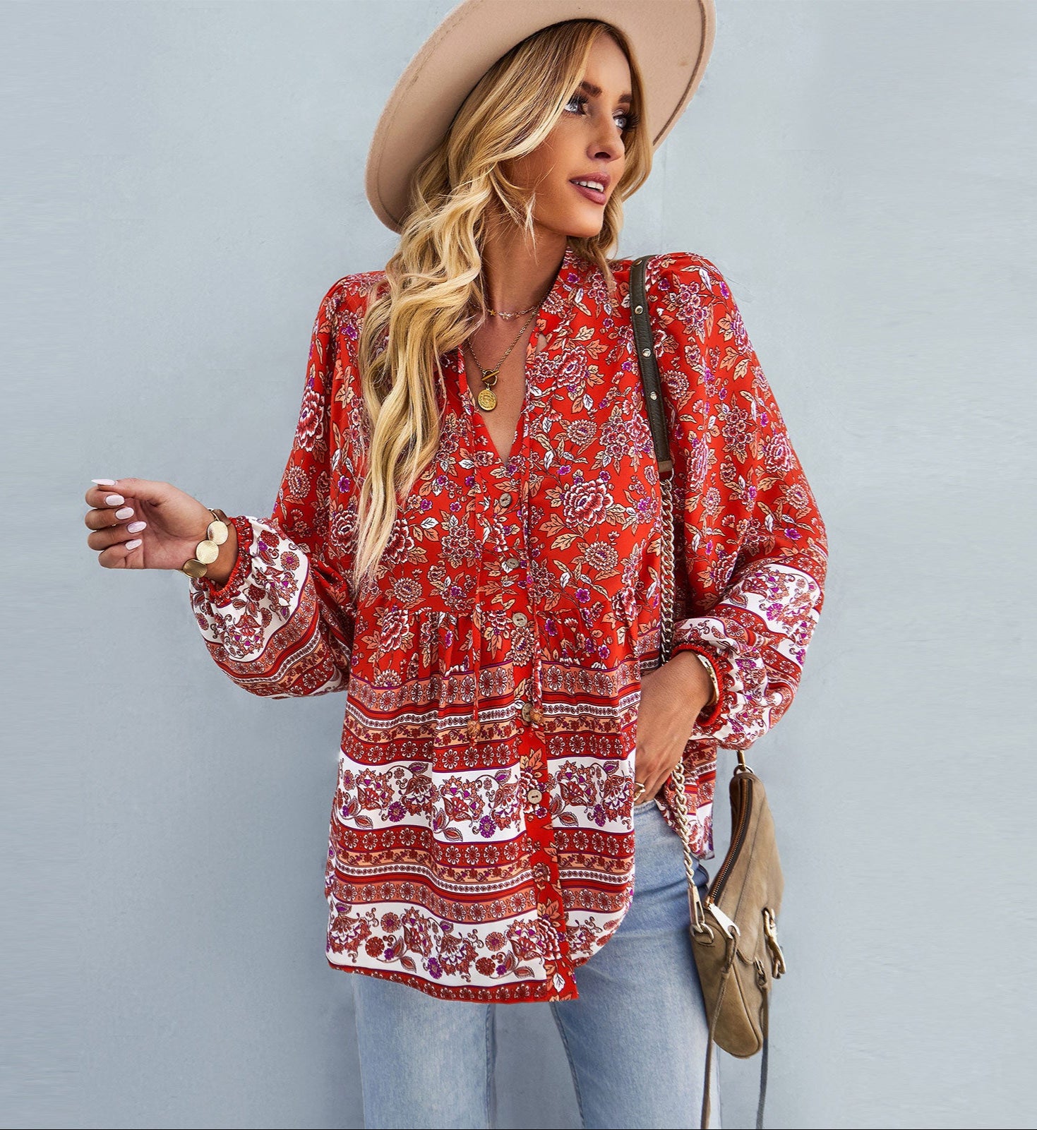 red Boho Floral Print Shirt for Women