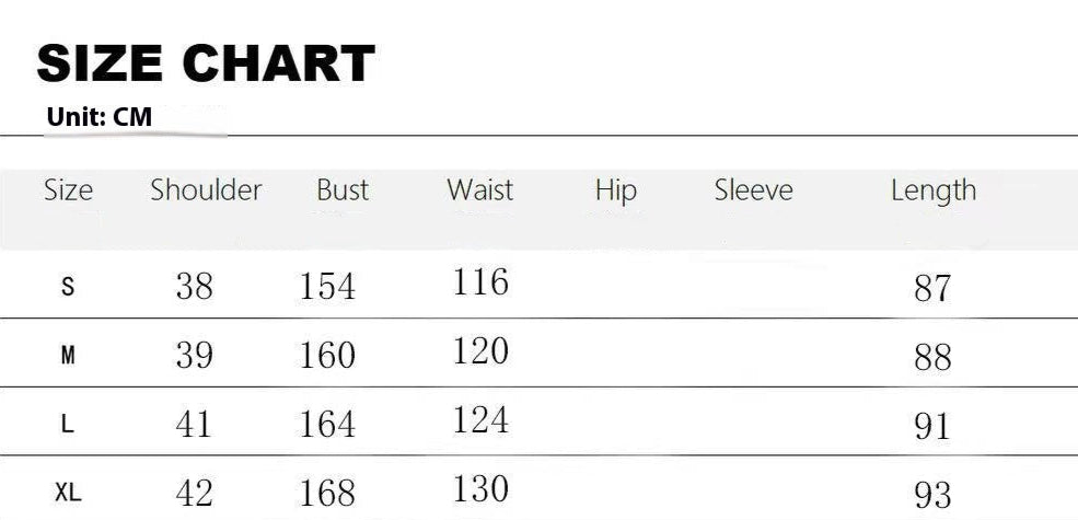 Size chart for clothing with a model wearing a floral outfit on the right side.