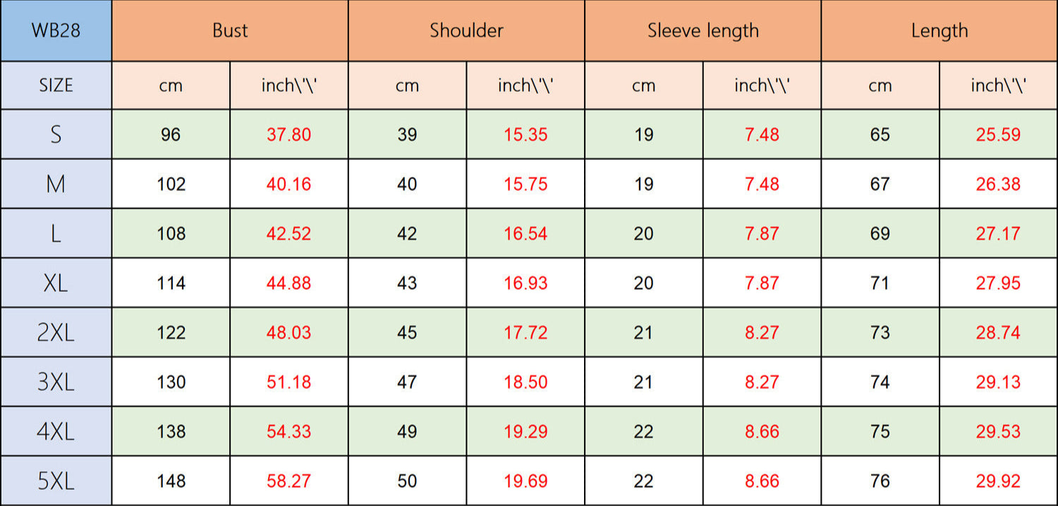 Size information chart for a garment with measurements in centimeters and inches.