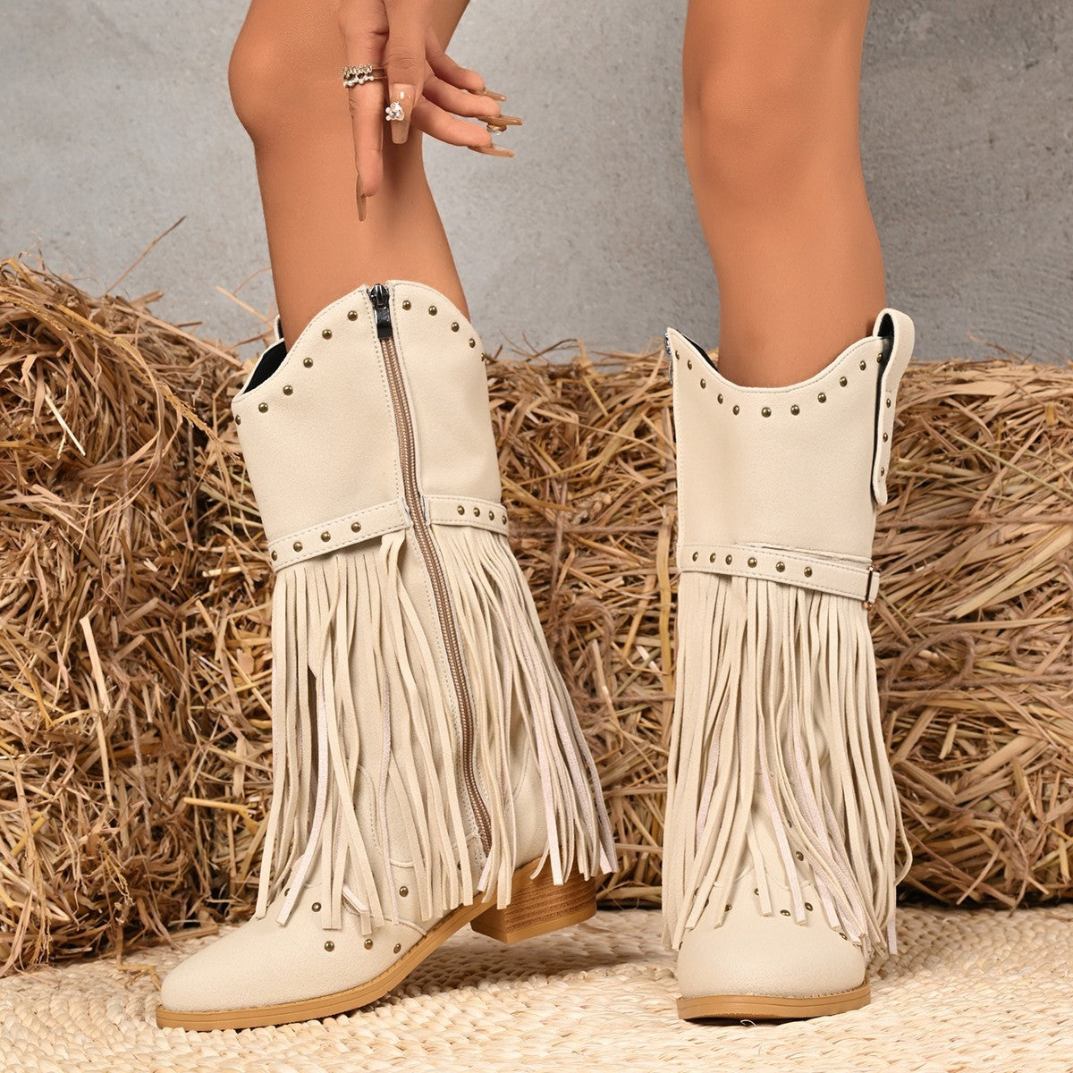 Boho Beige Fringe Cowboy Boots
