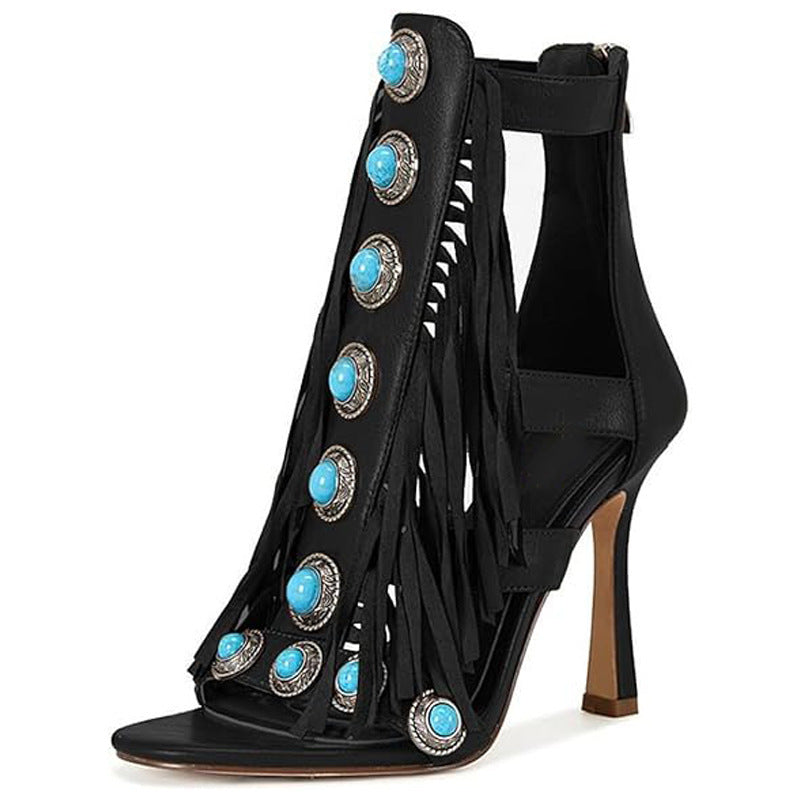 black Boho Fringed High Heels